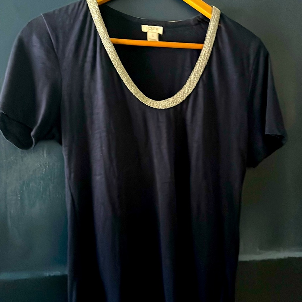 J Crew navy tee silver embroidered collar